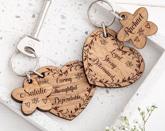 Personalised Bff Keychain, Engraved Wooden heart &  Flower charm, Best friend Keyring Friendship Gift Set of 2, Custom Friendship Keyring