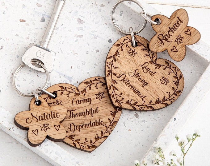 Personalised Bff Keychain, Engraved Wooden heart &  Flower charm, Best friend Keyring Friendship Gift Set of 2, Custom Friendship Keyring