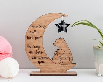 Mama bear and cub ornament Woodland nursery decor New baby gift Personalised name sign Wooden plaque Woodland animals