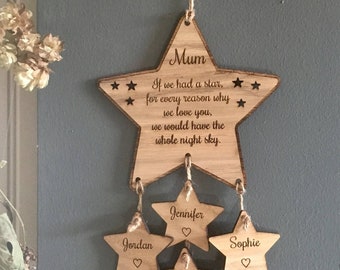 Personalised Hanging Family Stars, Mothers Day gift for mum, Family Tree Wall Hanging, Unique present from Grandchildren to Grandma