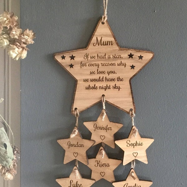 Personalised Hanging Family Stars, Mothers Day gift for mum, Family Tree Wall Hanging, Unique present from Grandchildren to Grandma