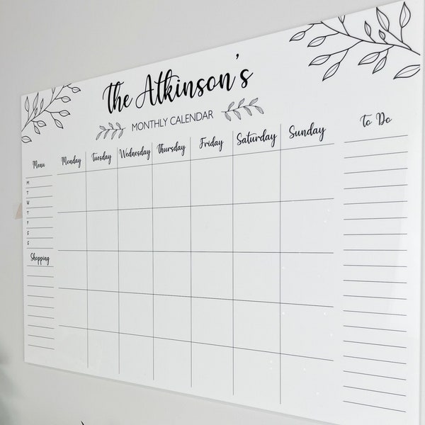 Personalised EXTRA LARGE Family Planner, Monthly Organising Board, Wall Mounted Dry Erase Calendar, Acrylic Dry-wipe Kitchen Menu Board