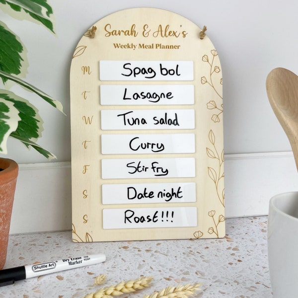 Family Meal Planner, Personalised Weekly Menu Board, Wipeable Dinner Organiser, Wooden Dry-wipe Kitchen Board