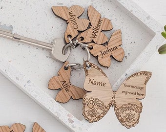 Personalised butterfly keyring Personalised keychain gift Engraved charm Butterfly gift Wooden Name charm Teacher Thank you gift