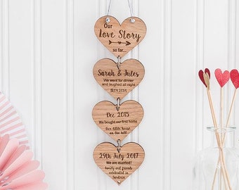 Personalised Love Story, Hanging Hearts Engraved with your own wording, Romantic Anniversary Gift for her/him, Valentines Day Gift 2024