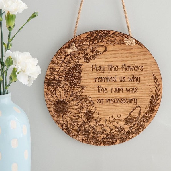Round Floral Wooden Wall Plaque, Wall Hanging Gardener Gift, Laser Engraved Quote, Wooden Flower Plaque, Plant lover gift