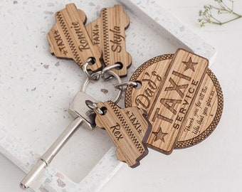 Grandad gifts - Taxi driver Keychain with Grandchildren names Wooden charms, Personalized Keychain for Dad, Christmas Day Keyring
