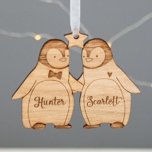 Our First Christmas as Mr and Mrs Couples Ornament, First Christmas Married 2023, Wooden Penguin ornament, Personalised Christmas decoration image 1