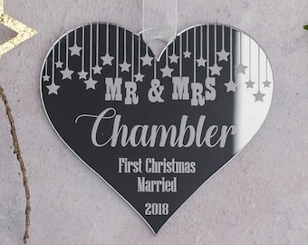 First Christmas as Mr and Mrs Love Heart ornament Couples gift, Personalised Christmas bauble, Starry heart Christmas decoration