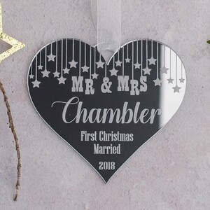 First Christmas as Mr and Mrs Love Heart ornament Couples gift, Personalised Christmas bauble, Starry heart Christmas decoration image 1