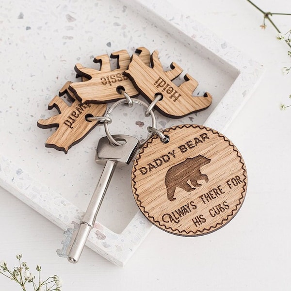 Bear Keyring for Dad, Personalised Daddy Bear Gift, Engraved wooden bear keyring, Personalised gift from Children, Small Father's Day Gift