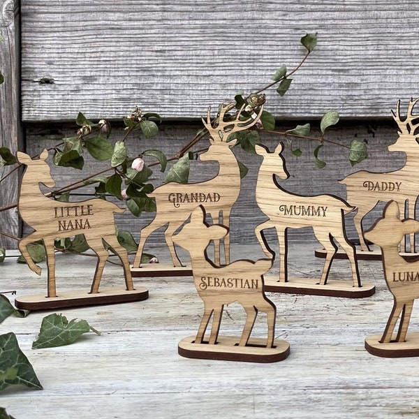 Wooden Reindeer Personalised Family Christmas Place Names, Stag, Doe & Rudolph Decorations available