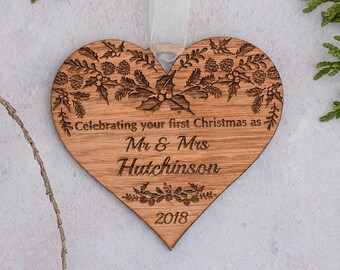 Mr and Mrs Ornament First Christmas Bauble Personalised Heart Ornament Rustic Xmas Decorations Engraved Wooden Bauble Newlywed Ornament