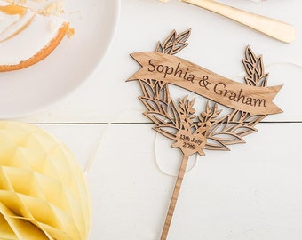 Banner and wreath cake topper Personalised wooden cake topper with date and names cake topper Wedding cake topper Anniversary Engagement