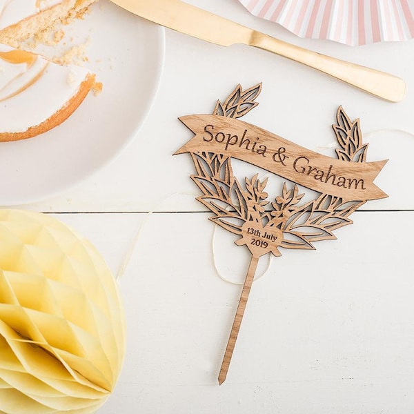 Banner and wreath cake topper Personalised wooden cake topper with date and names cake topper Wedding cake topper Anniversary Engagement