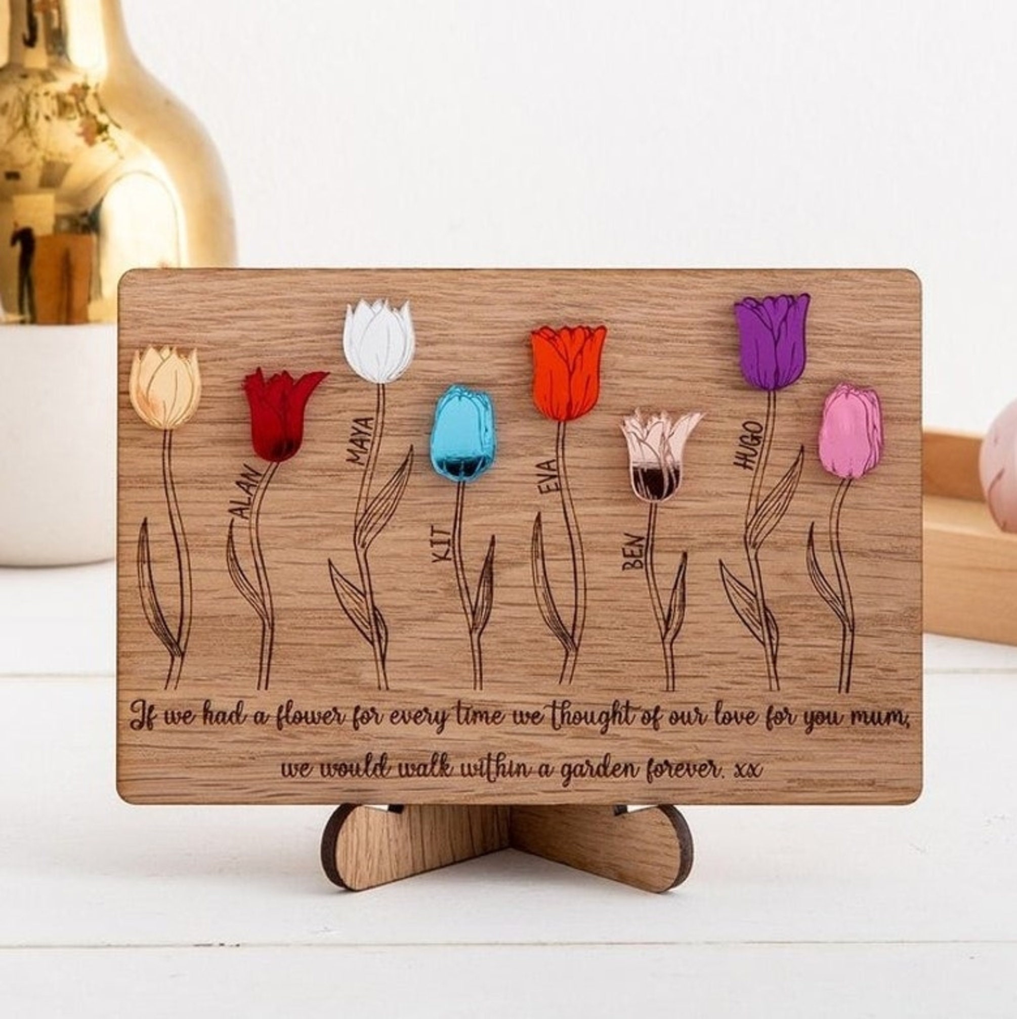 Personalised Wooden Tulip Flower And Button Mother's Day Gift