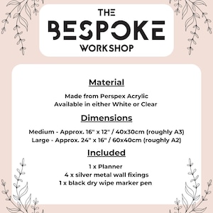 Image showing the Material, dimensions and what's included if you order our personalised monthly planners. All information can be found within the description. Made by The Bespoke Workshop.