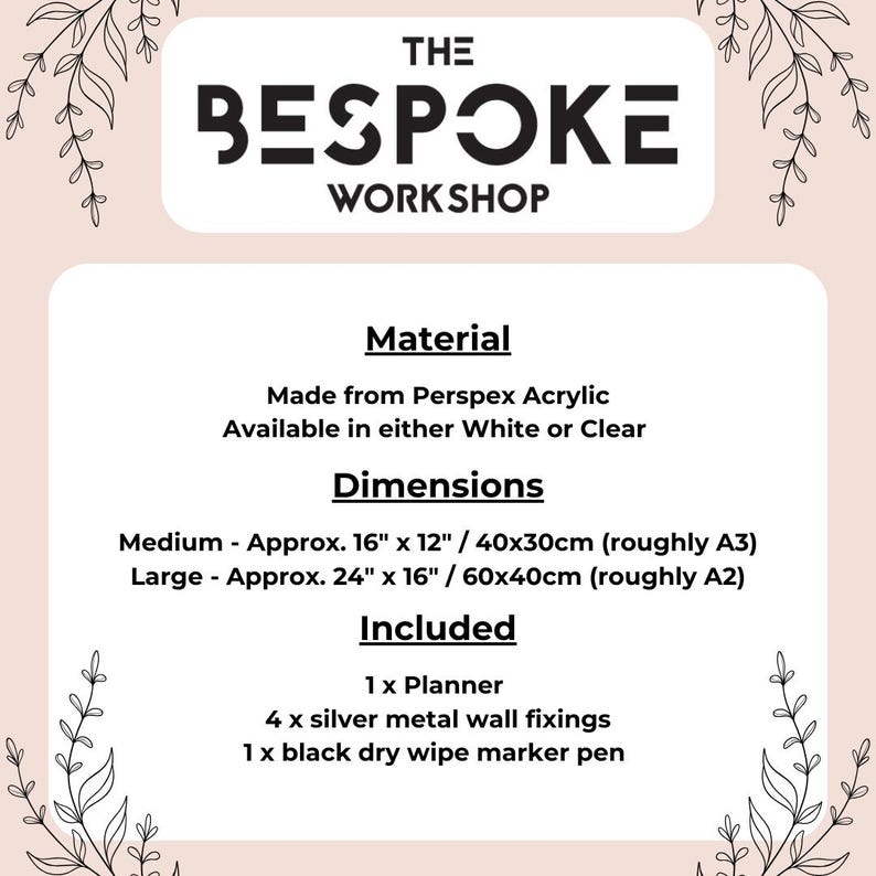 Image showing the Material, dimensions and what's included if you order our personalised monthly planners. All information can be found within the description. Made by The Bespoke Workshop.