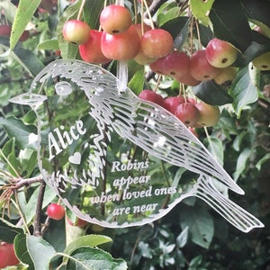 Robins appear when loved ones are near, Hanging remembrance decoration, Personalised memorial robin Remembrance Tree Decoration