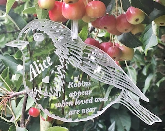 Robins appear when loved ones are near, Hanging remembrance decoration, Personalised memorial robin Remembrance Tree Decoration