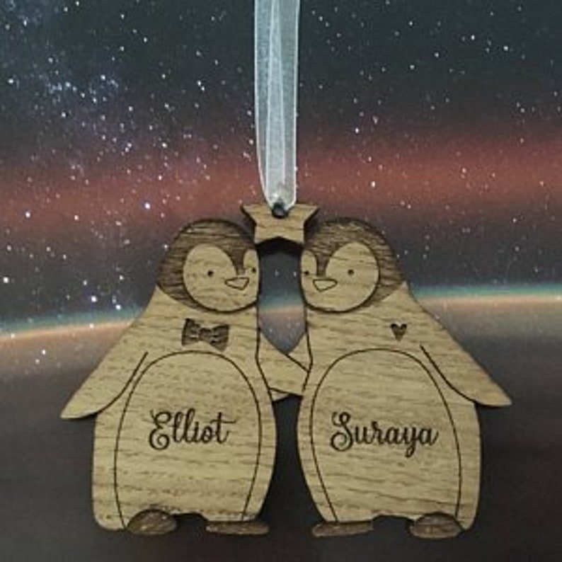 Our First Christmas as Mr and Mrs Couples Ornament, First Christmas Married 2023, Wooden Penguin ornament, Personalised Christmas decoration image 3