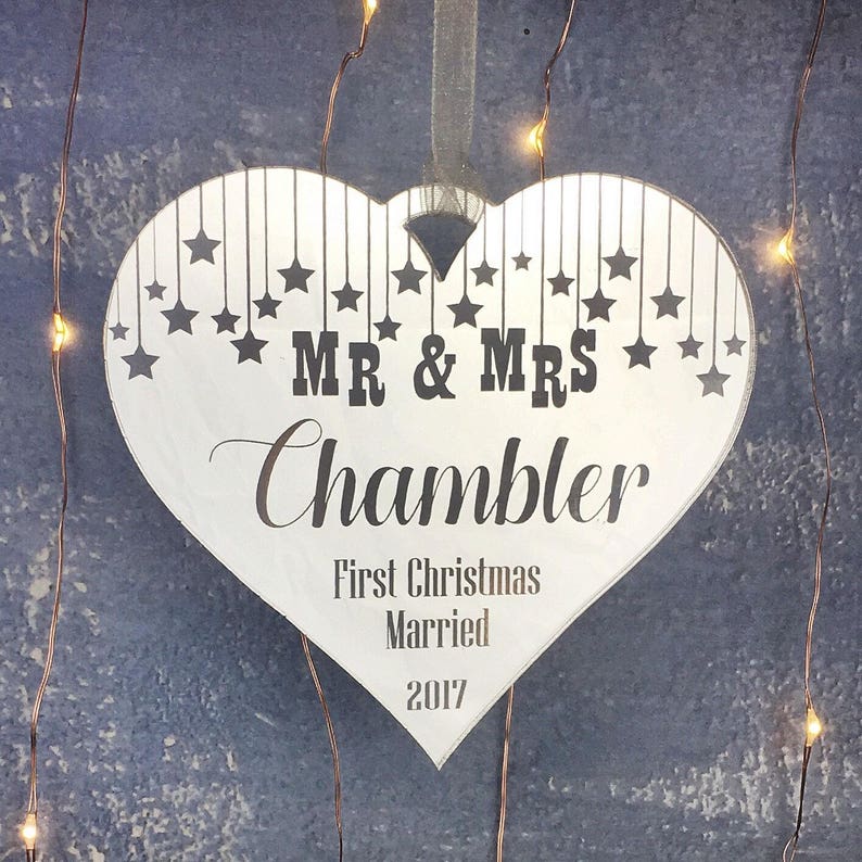 First Christmas as Mr and Mrs Love Heart ornament Couples gift, Personalised Christmas bauble, Starry heart Christmas decoration image 2