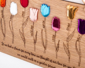 May include: Wooden plaque with a quote about love and a garden. The plaque features a series of tulips with names written below each one. The quote reads "If we had a flower for every time we thought of our love for you Granny, we would walk in a garden forever. xxx"