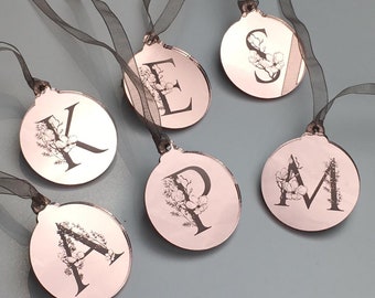 Set of 6 Mini Monogram Christmas Decoration Mirrored Rose Gold Initial Bauble Monogram Tree Decoration Monogram Bauble Monogram Ornament