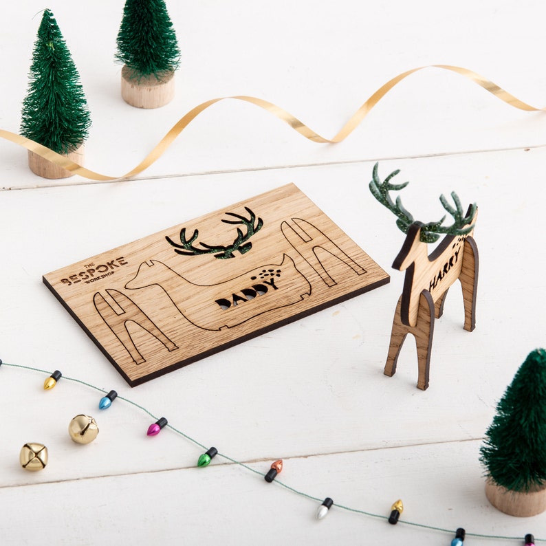 Christmas Reindeer Place Settings, Xmas Table Decorations, Personalised Christmas Decor, Christmas 2023 Wooden Place Names Green Reindeer