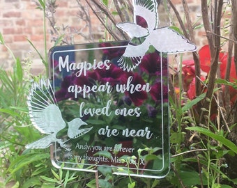 Personalised memorial plaque Outdoor plaque with stake Mirrored grave memorial Engraved memorial Magpies Memorial garden Dad grave memorial