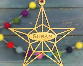 Geometric Laser Cut Star ornament, Personalised Christmas ornaments, Custom name Engraved Wooden Christmas star, Unique Christmas tree decor