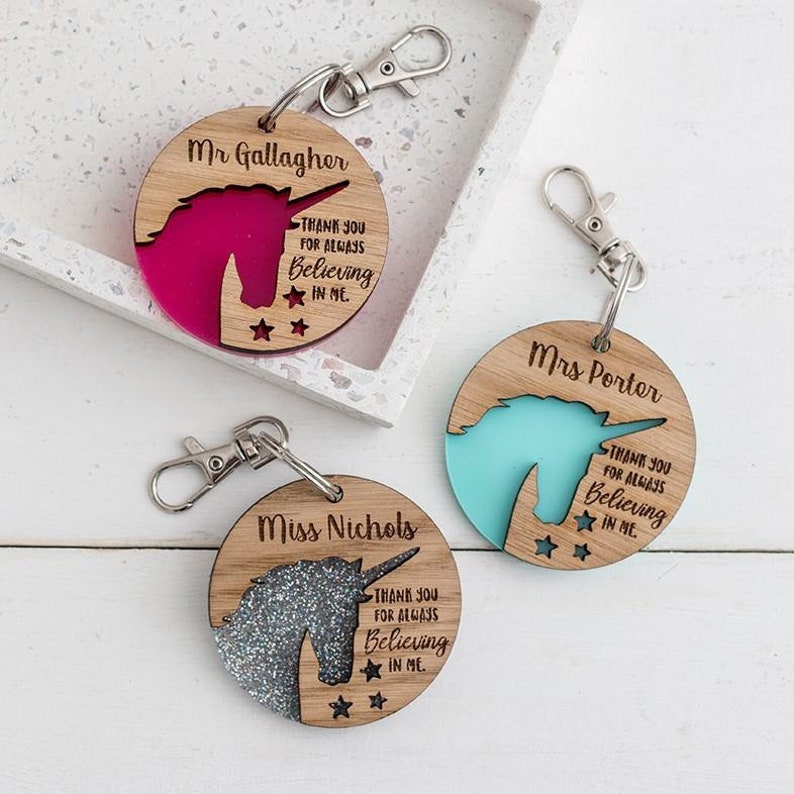 Unicorn keyring Personalised teacher gifts Thank you Teacher appreciation Leaving gift Engraved wooden Backpack tag Handbag keyring present image 1