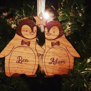 Our First Christmas as Mr and Mrs Couples Ornament, First Christmas Married 2023, Wooden Penguin ornament, Personalised Christmas decoration image 4