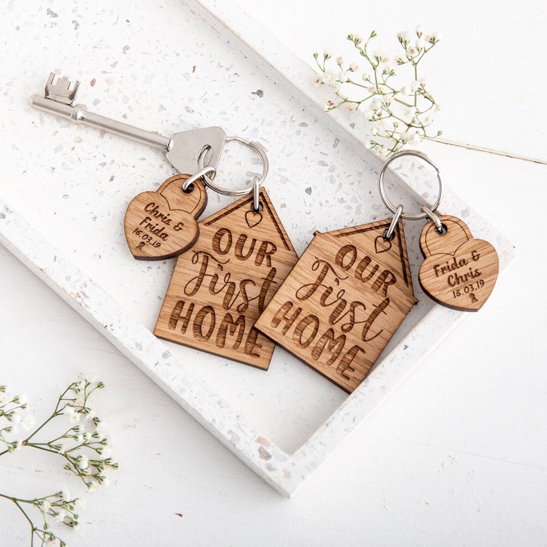 Set of 2 First Home Keyring Set - House Warming Gift - Personalised New Home Keyrings - Couples Keyrings - His & Hers Keyrings 