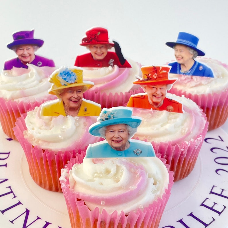 Set of 6 Queen Elizabeth Cupcake Cake Toppers, The Queens Platinum Jubilee Decorations 