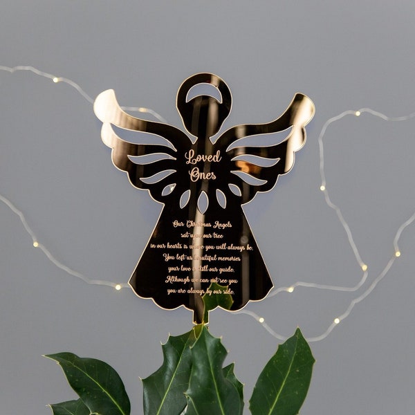 Gold Mirrored Angel Personalised Christmas Tree Topper Engraved Angel Memorial Christmas Remembrance Xmas Angel Decoration In Loving Memory