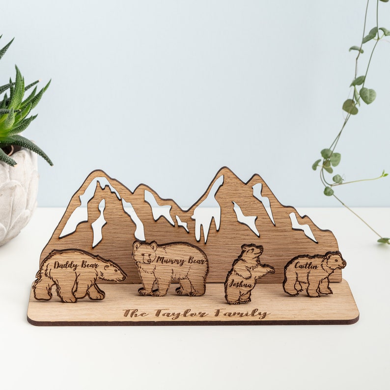 Personalised family bear scene, Christmas gift from kids, Personalised mountain scene for up to 8 family members 
