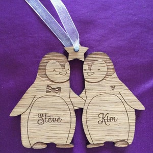 Our First Christmas as Mr and Mrs Couples Ornament, First Christmas Married 2023, Wooden Penguin ornament, Personalised Christmas decoration image 2