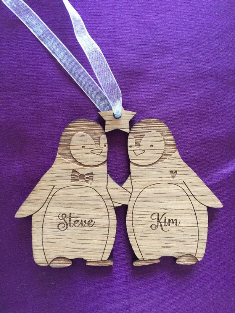 Our First Christmas as Mr and Mrs Couples Ornament, First Christmas Married 2023, Wooden Penguin ornament, Personalised Christmas decoration image 2