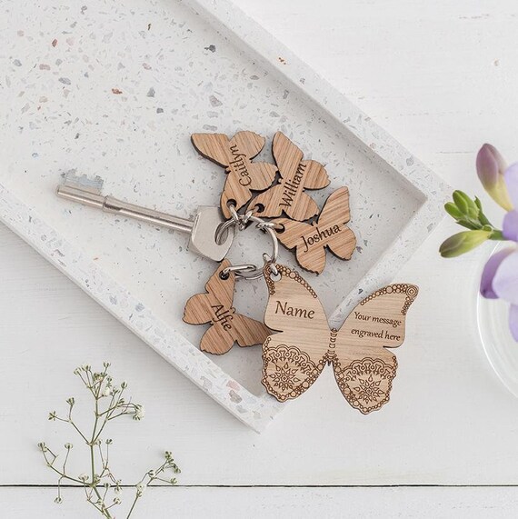 Personalised butterfly keyring Personalised keychain gift Engraved charm Butterfly gift Wooden Name charm Teacher Thank you gift