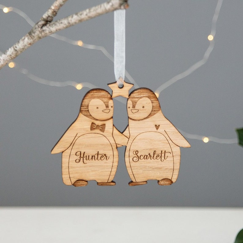 Our First Christmas as Mr and Mrs Couples Ornament, First Christmas Married 2023, Wooden Penguin ornament, Personalised Christmas decoration image 1