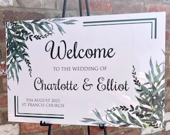 Personalised Wedding Welcome Sign, Acrylic A2 Green Foliage Welcome Sign, Custom Eucalyptus Wedding Sign