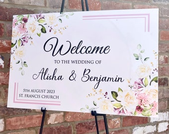 Floral Wedding Welcome Sign, Personalised Acrylic A2 Welcome Sign, Custom Wedding Sign with flowers