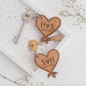 2x Wooden Heart Keychains, Couples Initial Keyring set, Personalised Wood Anniversary Gift for him & her, Heart Keyring 5th Anniversary Gift