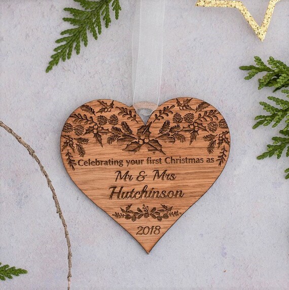 Mr and Mrs Ornament First Christmas Bauble Personalised Heart Ornament Rustic Xmas Decorations Engraved Wooden Bauble Newlywed Ornament