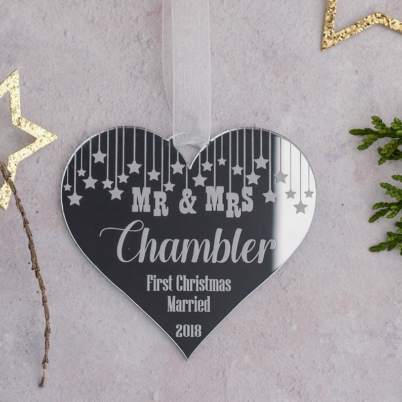 First Christmas as Mr and Mrs Love Heart ornament Couples gift, Personalised Christmas bauble, Starry heart Christmas decoration image 1