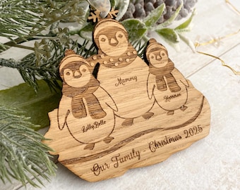 Family Of Penguins Personalised Christmas Decoration, Engraved Penguin ornament, 2026 Christmas ornaments, Xmas Tree Ornaments, Couples gift