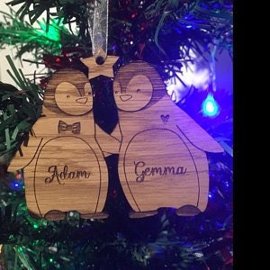 Our First Christmas as Mr and Mrs Couples Ornament, First Christmas Married 2023, Wooden Penguin ornament, Personalised Christmas decoration image 5