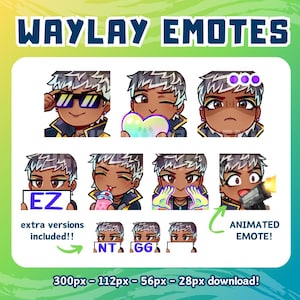May include: A set of nine animated Twitch emotes featuring a cartoon character with grey hair and a yellow jacket. The emotes include expressions like sunglasses, heart eyes, angry, EZ, drinking, GG, and a gun. The emotes are available in various sizes, including 300px, 112px, 56px, and 28px.