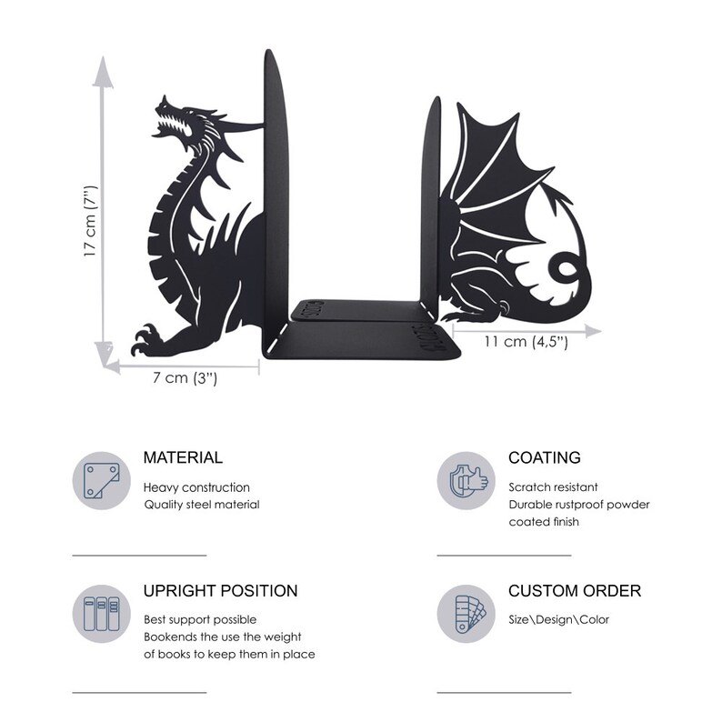K&ouml;nnte beinhalten: Schwarze Metall-Buchst&uuml;tzen in Form von Drachen. Die Buchst&uuml;tzen sind 18 cm breit und 28 cm hoch. Sie sind aus hochwertigem Stahl gefertigt und haben eine langlebige, rostfreie Pulverbeschichtung.